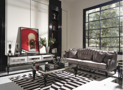 Suite Sofa 4 Seater Fabric Sofa Coffee Table Gray TV Stand Set 3 Pieces